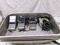 5-STAINLESS STEEL FOOD PANS, ROUND STAINLESS STEEL PAN, 3-VERIFONE P400 W/ WIRES