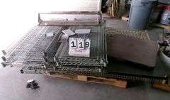 PALLET: SHELVES, 4 TABLE TOPS, MISC. ITEMS
