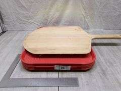 STACK OF 5 RED TRAYS, JASON'S CREEK PIZZA OVEN PAN