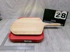 STACK OF 5 RED TRAYS, JASON'S CREEK PIZZA OVEN PAN