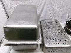 5-STAINLESS STEEL FOOD PANS, ROUND STAINLESS STEEL PAN, 3-VERIFONE P400 W/ WIRES