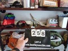 CONTENTS OF SHELF: HATS, COLOGNE, BOOKS, HORN, DOG HARNESS, I-ZOOM