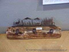 COAT RACK MADE FROM LOG, RAILROAD SPIKES, MOUNTAIN AND WILDLIFE DÉCOR AND HORSESHOE RACK