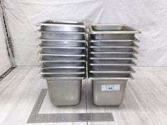 STACK OF SMALL STAINLESS STEEL PANS, 17 QTY