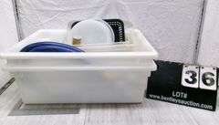 PLASTIC TOTE W/ MISC. KITCHEN ITEMS