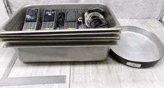 5-STAINLESS STEEL FOOD PANS, ROUND STAINLESS STEEL PAN, 3-VERIFONE P400 W/ WIRES