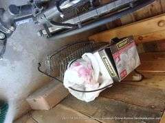 LOT: WOOD RACK, SHOWER SHELF, MOTION ACTIVATED SECURITY LIGHT, MOUSE POISON, BRICKS