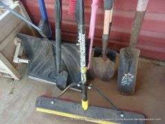 LOT: BROOM, SNOW SHOVEL, ICE SCRAPERS, GARDEN SHOVELS