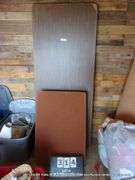 LOT: (2) 6' WOOD AND METAL FOLDING TABLE, ANGLE BACK PILLOW, LEG PILLOW