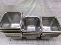STACK OF STAINLESS STEEL SMALL FOOD PANS, 19 QTY