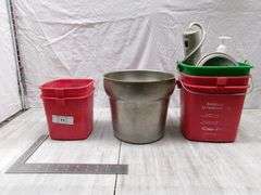 SILVER BUCKET, (5) SMALL WATER BUCKETS, BAG W/ ASSORTED BAGS