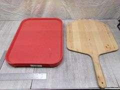 STACK OF 5 RED TRAYS, JASON'S CREEK PIZZA OVEN PAN