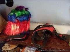 CONTENTS OF SHELF: HATS, COLOGNE, BOOKS, HORN, DOG HARNESS, I-ZOOM