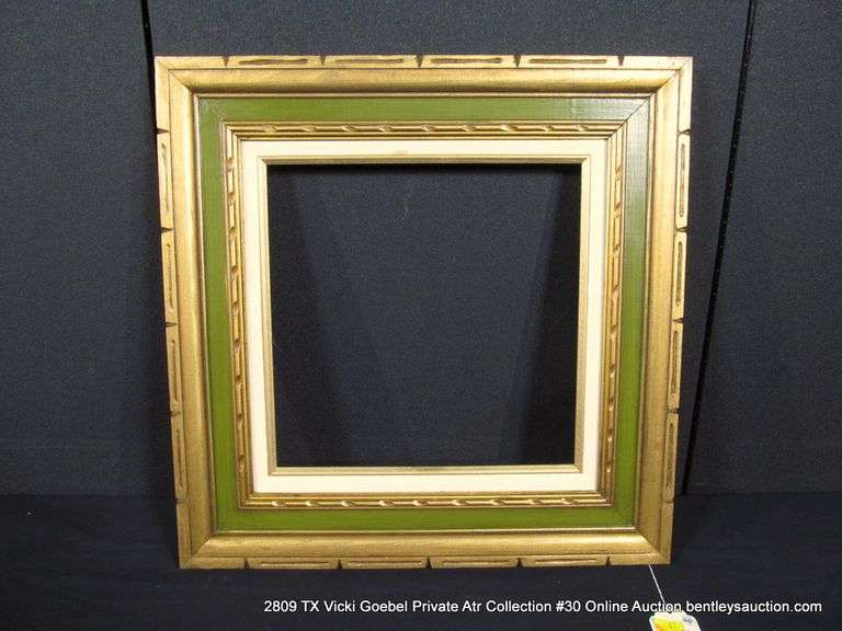 GREEN & GOLD PAINTED WOODEN FRAME W/ LINEN INLAY 19X19