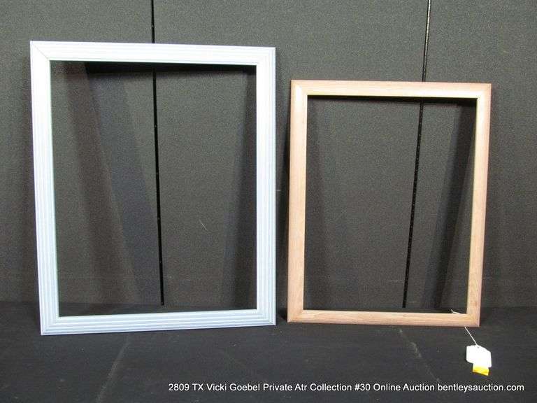 2 FRAMES: 1-WHITEWASH WOODEN FRAME, 1-BABY BLUE PAINTED WOOD FRAME, 2 X MONEY ONE FRAME: 16 X 20 & 1