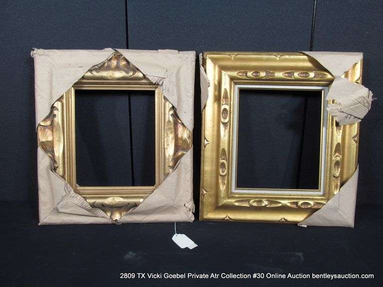 2 - GOLD ORNATE HAND CARVED WOODEN FRAMES W/ LINEN INLAY - 2 X MONEY BOTH FRAMES 10 X 12, 18 X 20