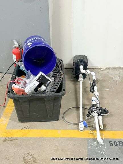 BLACK TOTE W/ MISC. ITEMS AND WATER PUMP