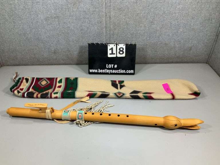 NATIVE AMERICAN-STYLE FLUTE W/ LEATHER FRINGES AND DUCK DESIGN