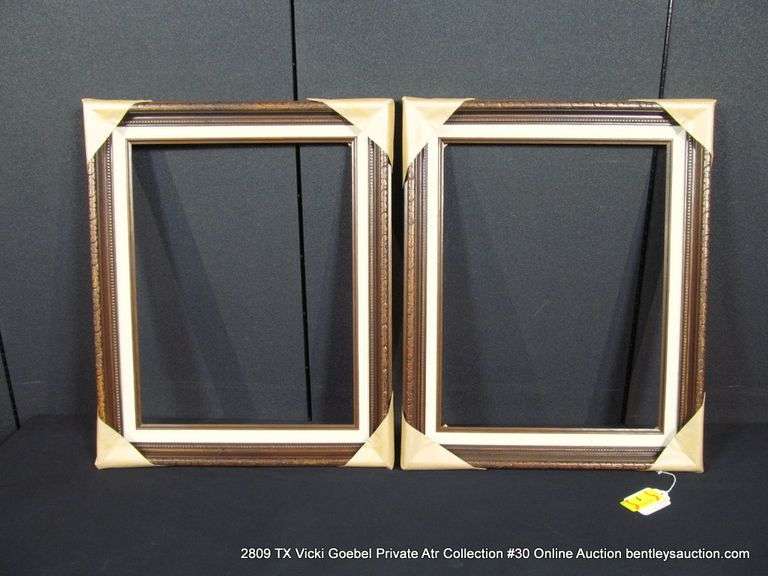 2: DARK STAINED WOODEN FRAMES W/ WHITE LINEN INLAY - 2 X MONEY BOTH FRAMES: 18 X 22