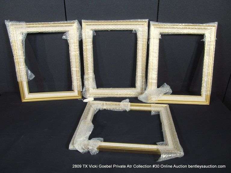 4 GOLD PAINTED FRAMES W/ CREAM LINEN INLAY - 4 X MONEY ALL FRAMES: 15 X 19