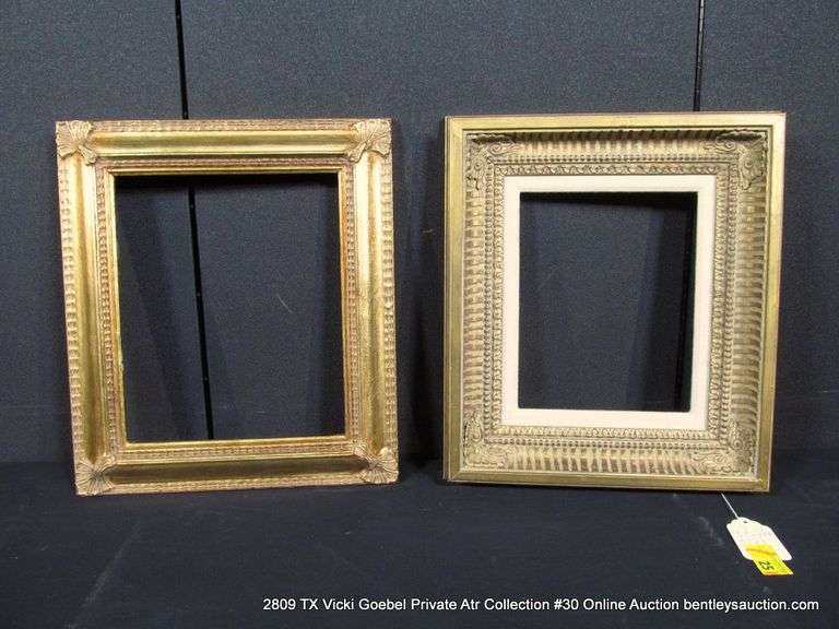 2 GOLD PAINTED FRAMES: 1 IS ORNATE, 1 IS PLAIN, 2 X MONEY ONE FRAME: 8 X 10 & 14 X 16