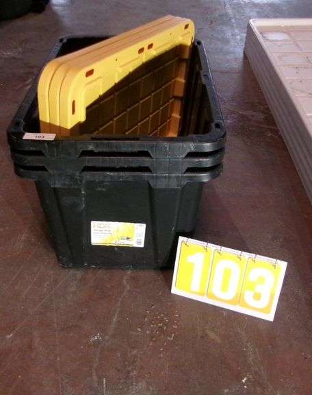 3 - BLACK PLASTIC TOTES W/ YELLOW LIDS - 3 X MONEY
