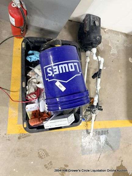 BLACK TOTE W/ MISC. ITEMS AND WATER PUMP