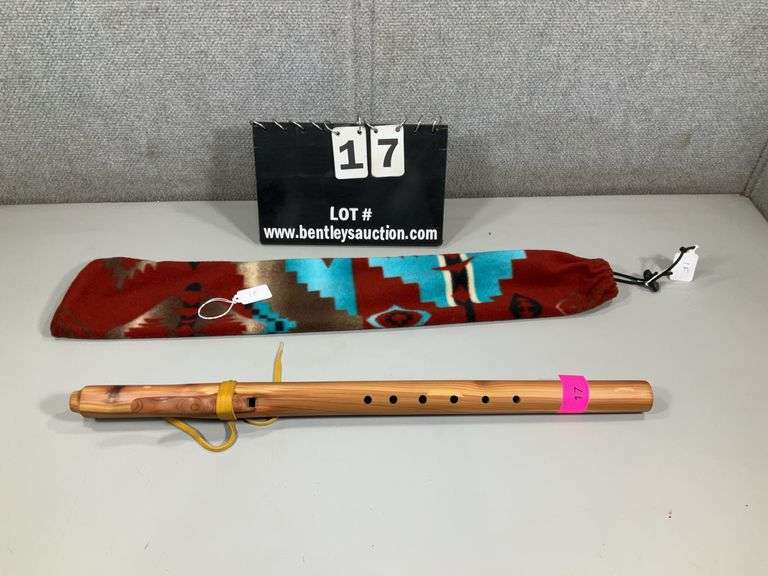 NATIVE AMERICAN-STYLE FLUTE W/ LEATHER FRINGES AND ETCHED TREE