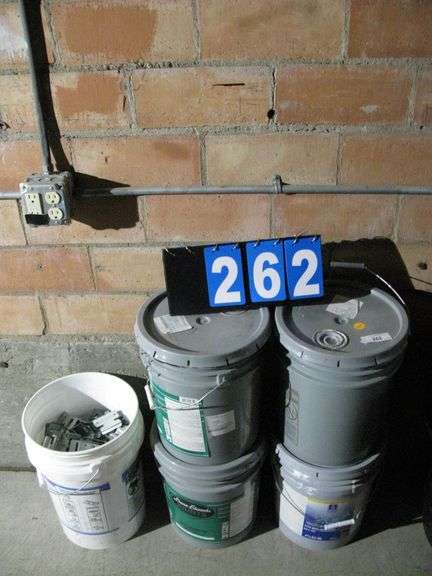 5 GALLON  OF WHITE PAINT, 5 GALLON BUCKET W/ MISC. ITEMS, TOTAL QTY 4