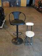 WHITE AND BLACK FOLDING CHAIRS, QTY 2, ADJUSTABLE HEIGHT, SWIVEL METAL BASE BARSTOOL