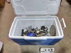 COLEMAN COOLER W/ MISC. TABLE CLAMPS AND PARTS