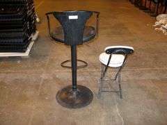 WHITE AND BLACK FOLDING CHAIRS, QTY 2, ADJUSTABLE HEIGHT, SWIVEL METAL BASE BARSTOOL
