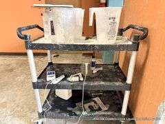 BLACK CART ON WHEELS W/ MISC. ITEMS