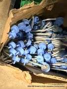 3-BLACK PLASTIC TOTES W/ IRRIGATION CAPS, 1-BOX OF WATER LINES