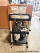 BLACK CART ON WHEELS W/ MISC. ITEMS