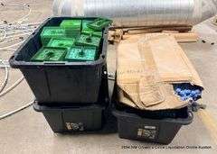 3-BLACK PLASTIC TOTES W/ IRRIGATION CAPS, 1-BOX OF WATER LINES