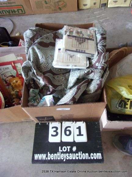 BOX: RUFFLED SWAG, CURTAINS, TOWELS, RUG