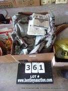 BOX: RUFFLED SWAG, CURTAINS, TOWELS, RUG