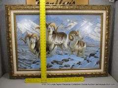 FRAMED PAINTING BY CYNTHIE FISHER - WILDLIFE - BIGHORN SHEEP IN SNOW, 29" X 40" OVERALL