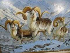 FRAMED PAINTING BY CYNTHIE FISHER - WILDLIFE - BIGHORN SHEEP IN SNOW, 29" X 40" OVERALL
