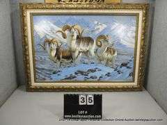 FRAMED PAINTING BY CYNTHIE FISHER - WILDLIFE - BIGHORN SHEEP IN SNOW, 29" X 40" OVERALL