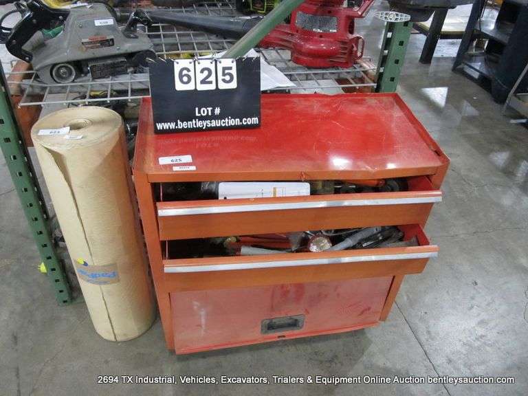 DAMAGED RED TOOL BOX W/ ASSORTED TOOLS