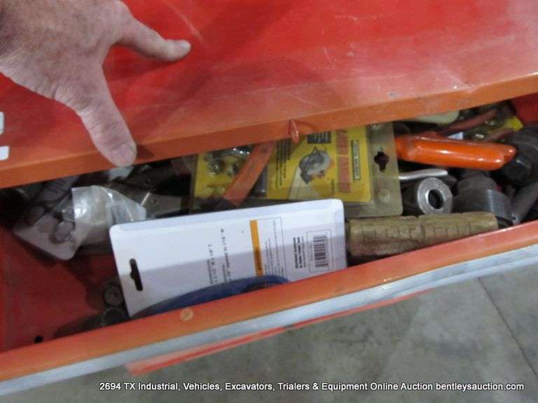 DAMAGED RED TOOL BOX W/ ASSORTED TOOLS