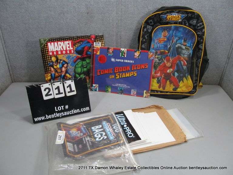 LOT: JUSTICE LEAGUE BACKPACK/ ASSORTED COMICBOOK COLORING BOOK/ COMIC BOOK SLEEVES