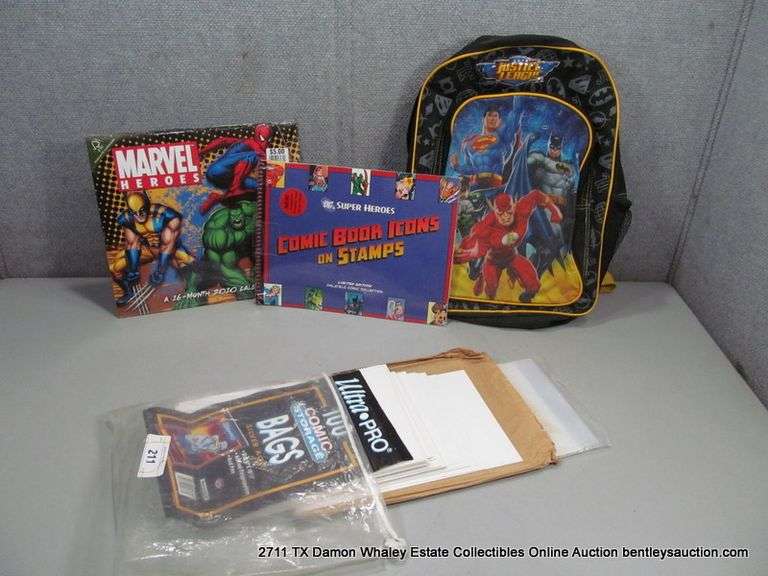 LOT: JUSTICE LEAGUE BACKPACK/ ASSORTED COMICBOOK COLORING BOOK/ COMIC BOOK SLEEVES