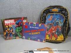 LOT: JUSTICE LEAGUE BACKPACK/ ASSORTED COMICBOOK COLORING BOOK/ COMIC BOOK SLEEVES