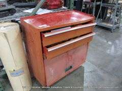 DAMAGED RED TOOL BOX W/ ASSORTED TOOLS