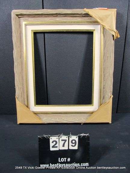 BROWN-WASHED DRIFTWOOD & PAINTED GOLD, W/ LINEN INLAY, CARVED WOODEN FRAME 26 X 30