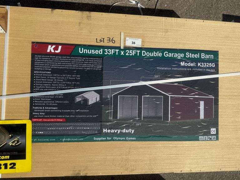 2025 KJ DOUBLE GARAGE STEEL BARN MODEL: K3325G, 33' X 25', 2 CRATES