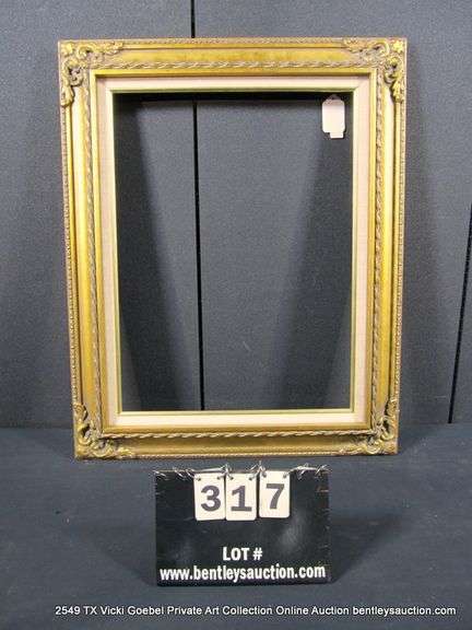 GOLD PAINTED, W/ LINEN INLAY, CARVED ORNATE WOODEN FRAME 25 X 31